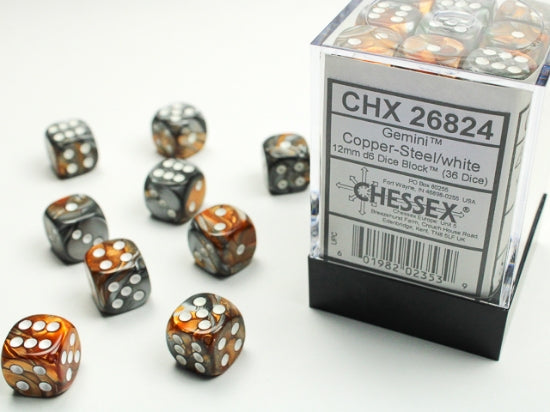 Gemini Copper-Steel/white 12mm d6 Dice Block (36 dice) (Chessex) (26824)