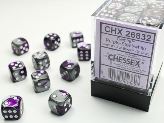 Gemini Purple-Steel/white 12mm d6 Dice Block (36 dice) (Chessex) (26832)