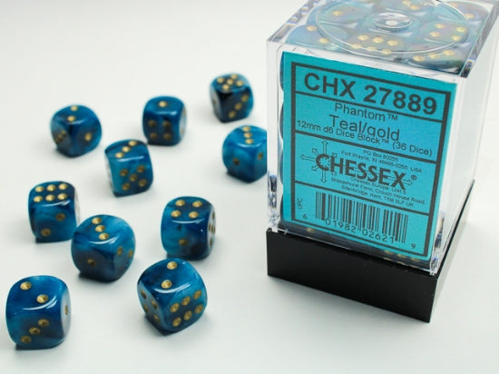 Phantom Teal/gold 12mm d6 Dice Block (36 dice) (Chessex) (27889)