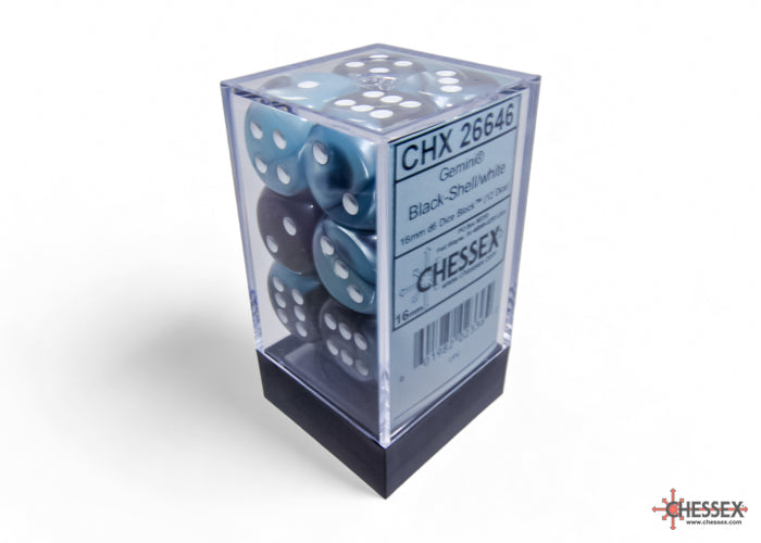 Gemini Black-Shell/white 16mm d6 Dice Block (12 dice) (Chessex) (26646)