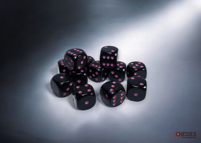 Opaque Black/pink 16mm d6 Dice Block (12 dice) (Chessex) (25648)