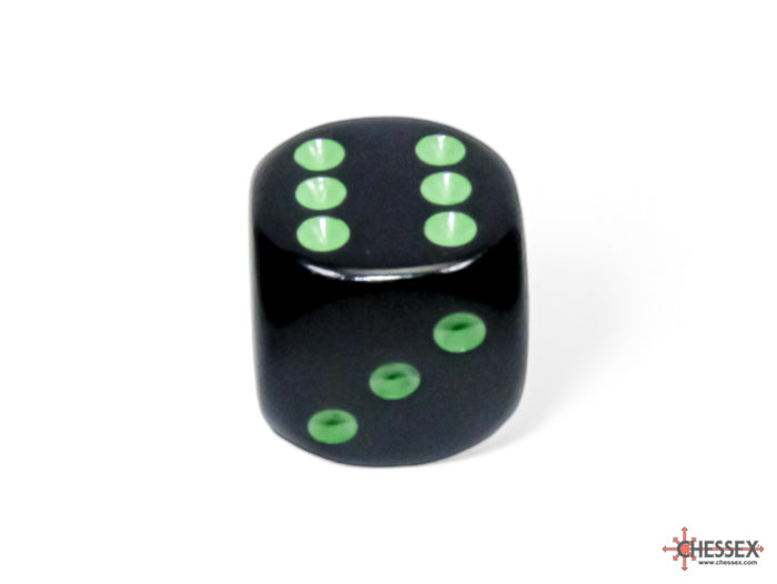 Opaque Black/green 16mm d6 Dice Block (12 dice) (Chessex) (25658)