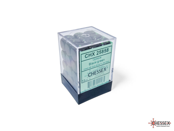Opaque Black/green 12mm d6 Dice Block (36 dice) (Chessex) (25858)