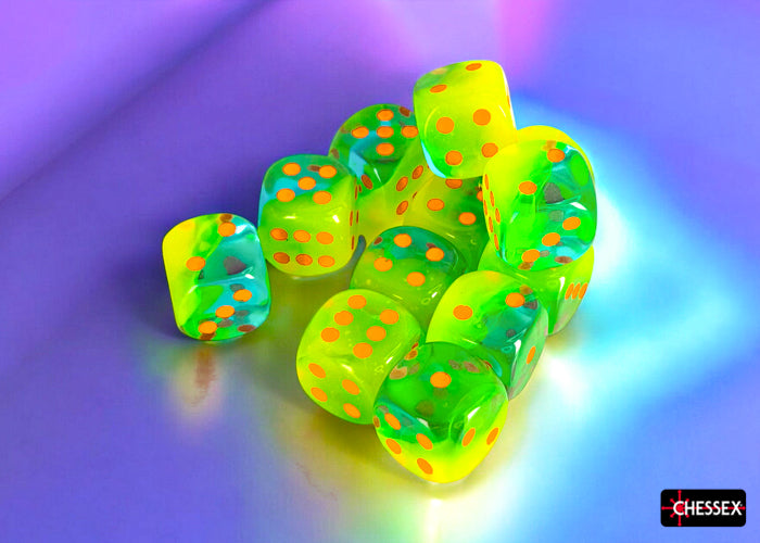 Gemini Plasma Green-Teal/orange Luminary 16mm d6 Dice Block (12 dice) (Chessex) (26670)