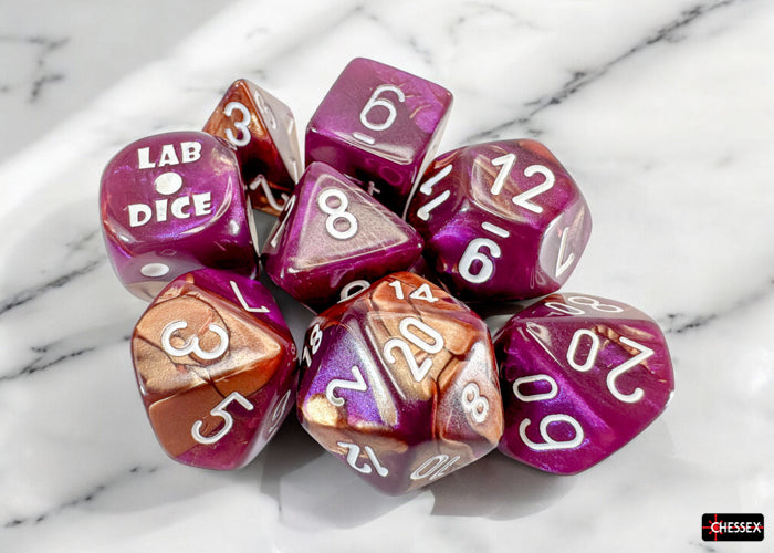 Gemini Copper-Purple/white Polyhedral 7-Dice Set (with bonus die) (Chessex) (30071)
