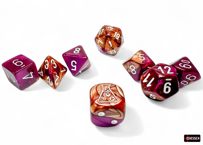 Gemini Copper-Purple/white Polyhedral 7-Dice Set (with bonus die) (Chessex) (30071)