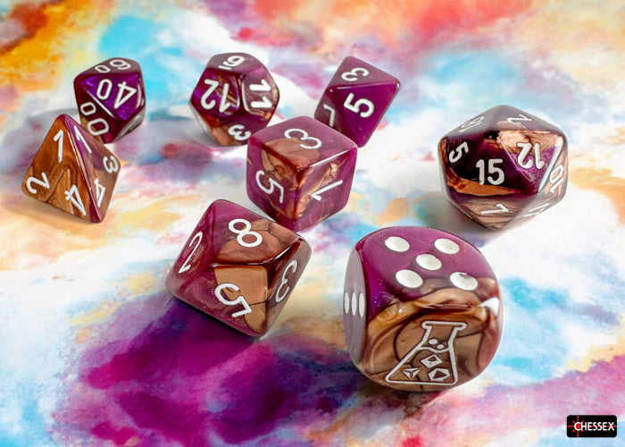 Gemini Copper-Purple/white Polyhedral 7-Dice Set (with bonus die) (Chessex) (30071)
