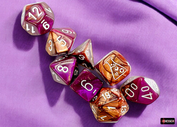 Gemini Copper-Purple/white Polyhedral 7-Dice Set (with bonus die) (Chessex) (30071)