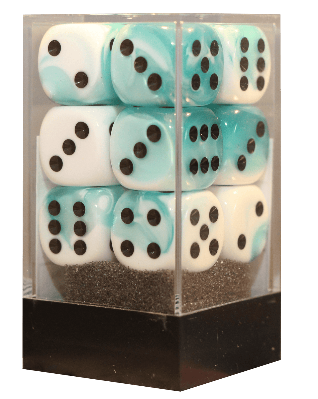 Gemini 16mm D6 blågrøn/hvid m/sort terninger (Chessex)(26644)