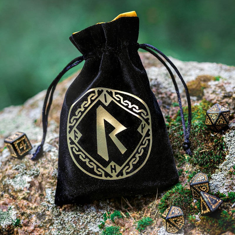 Runic Black & golden Velour Dice Bag (Q-Workshop) (BRUN201)