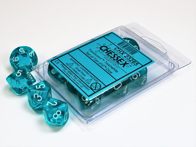 Translucent Teal/white Set of Ten d10s (Chessex) (23285)