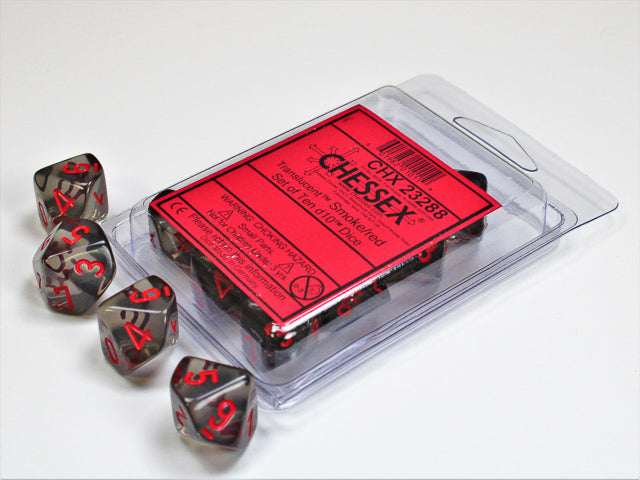 Translucent Smoke/red Set of Ten d10s (Chessex) (23288)