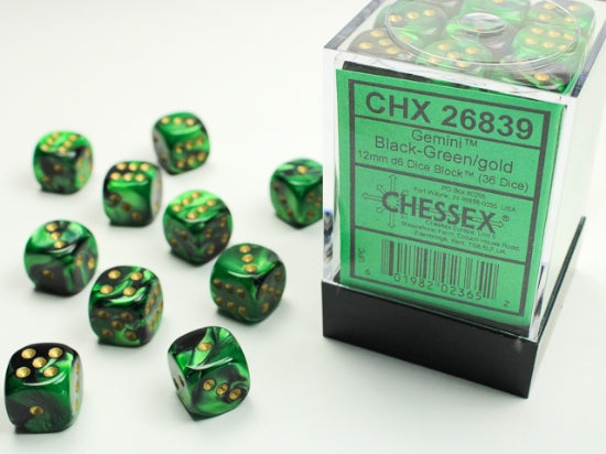 Gemini Black-Green/gold 12mm d6 Dice Block (36 dice) (Chessex) (26839)