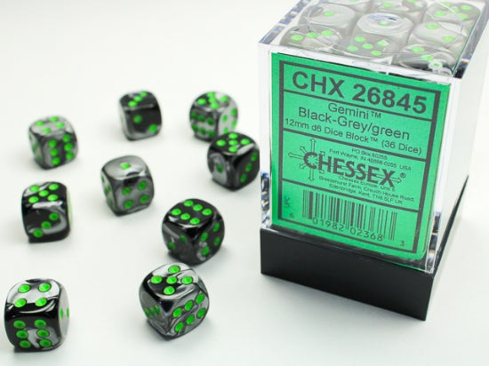 Gemini Black-Grey/green 12mm d6 Dice Block (36 dice) (Chessex) (26845)