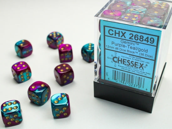 Gemini Purple-Teal/gold 12mm d6 Dice Block (36 dice) (Chessex) (26849)