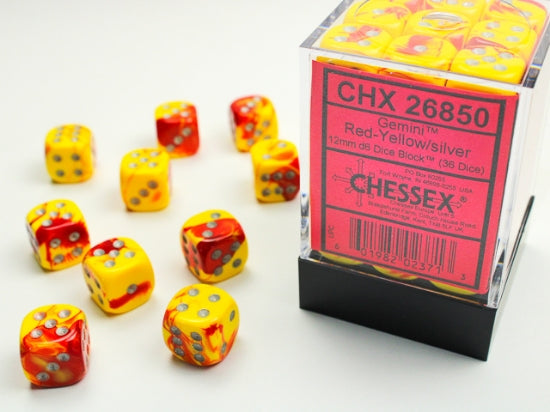 Gemini Red-Yellow/silver 12mm d6 Dice Block (36 dice) (Chessex) (26850)