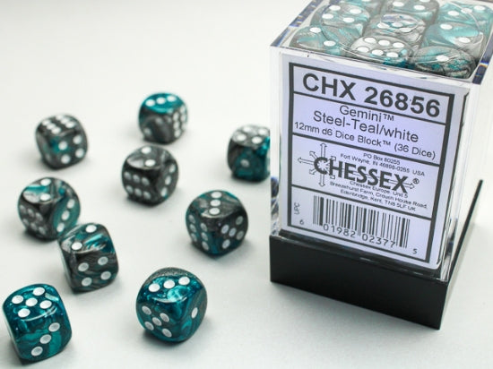 Gemini Steel-Teal/white 12mm d6 Dice Block (36 dice) (Chessex) (26856)