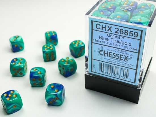 Gemini Blue-Teal/gold 12mm d6 Dice Block (36 dice) (Chessex) (26859)