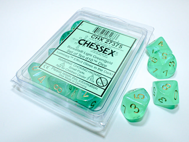 Borealis Light Green/gold Luminary Set of Ten d10s (Chessex) (27375)