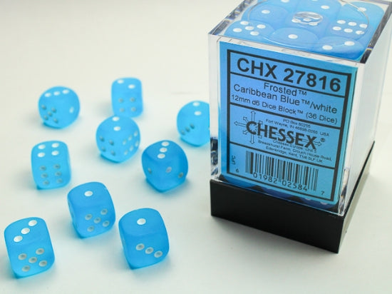 Frosted Caribbean Blue/white 12mm d6 Dice Block (36 dice) (Chessex) (27816)