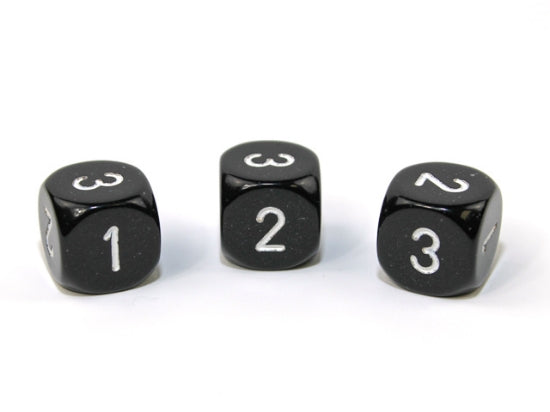 Opaque Black/white 16mm d3 Dice (Single d6 w/ 1-2-3 twice) (1 piece) (Chessex) (XQ0308)