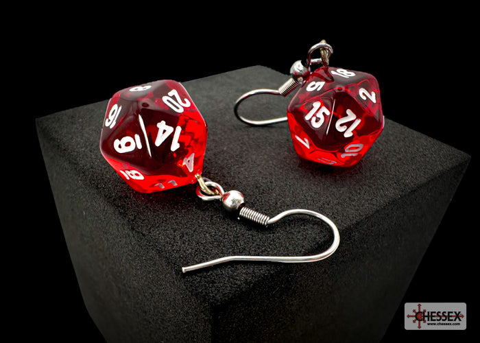 Hook Earrings Translucent Red Mini-Poly d20 Pair (Chessex) (54201)