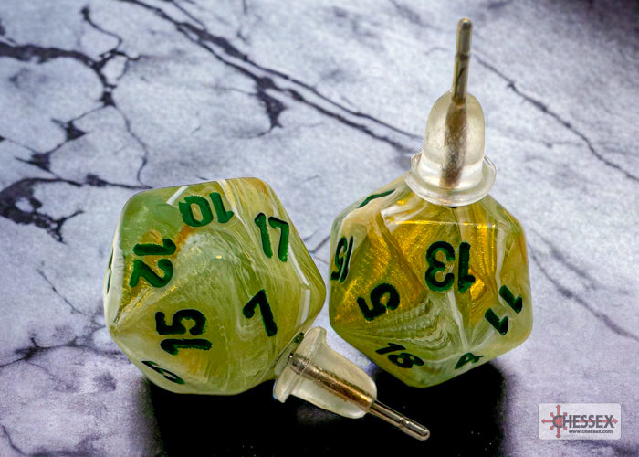 Stud Earrings Marble Green Mini-Poly d20 Pair (Chessex) (54503)