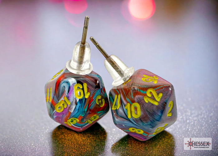 Stud Earrings Festive Mosaic Mini-Poly d20 Pair (Chessex) (54507)