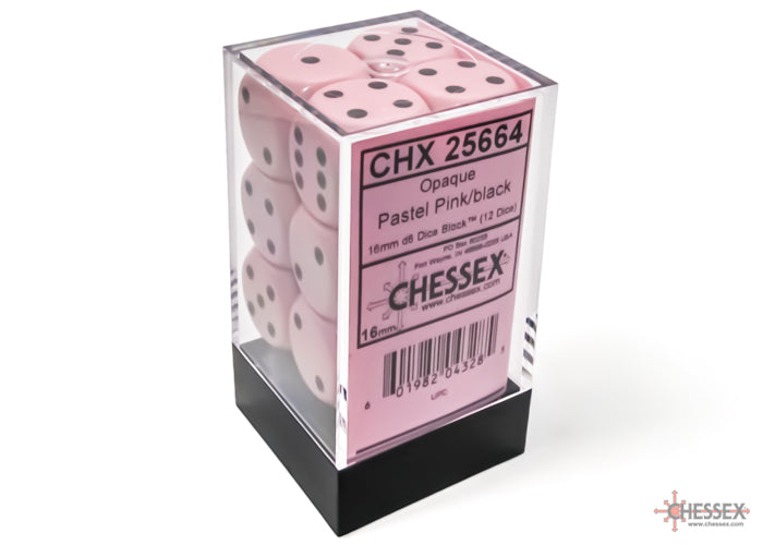 Opaque Pastel Pink/black 16mm d6 Dice Block (12 dice) (Chessex) (25664)