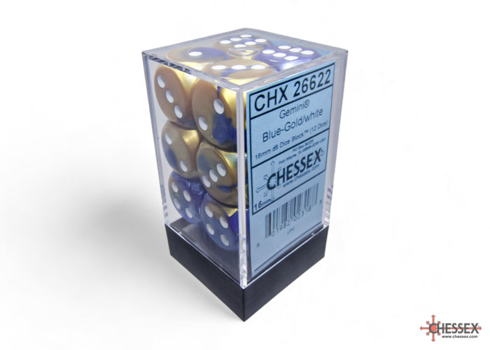 Gemini Blue-Gold/white 16mm d6 Dice Block (12 dice) (Chessex) (26622)