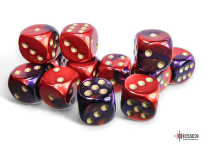 Gemini Purple-Red/gold 16mm d6 Dice Block (12 dice) (Chessex) (26626)