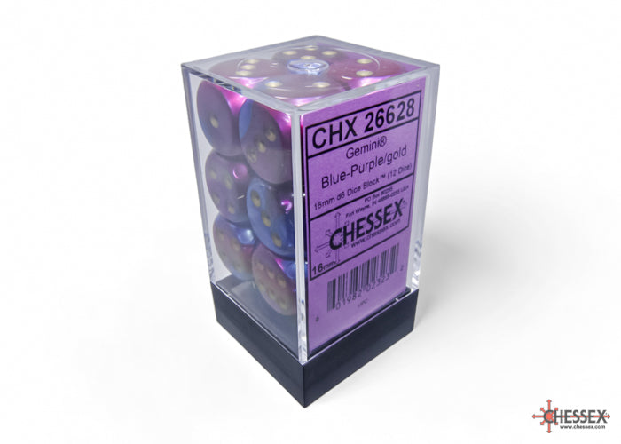 Gemini Blue-Purple/gold 16mm d6 Dice Block (12 dice) (Chessex) (26628)