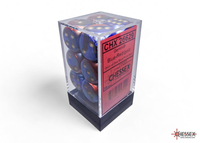 Gemini Blue-Red/gold 16mm d6 Dice Block (12 dice) (Chessex) (26629)