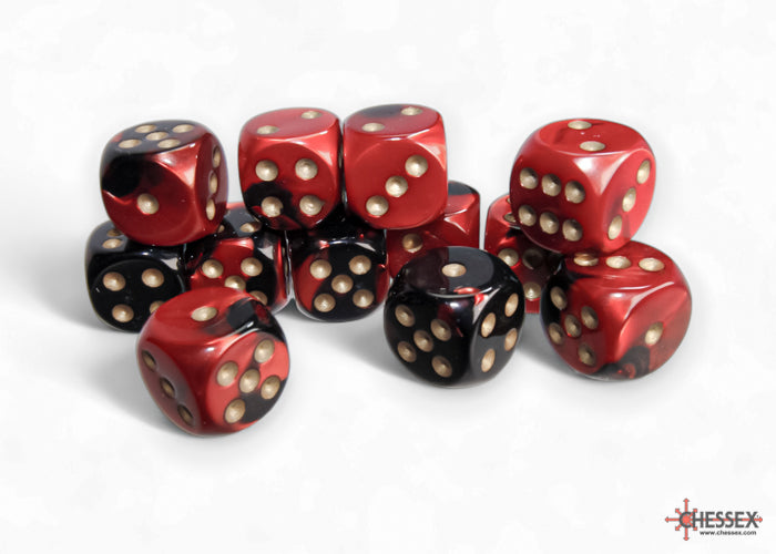 Gemini Black-Red/gold 16mm d6 Dice Block (12 dice) (Chessex) (26633)