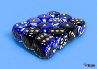 Gemini Black-Blue/gold 16mm d6 Dice Block (12 dice) (Chessex) (26635)