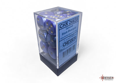 Gemini Black-Blue/gold 16mm d6 Dice Block (12 dice) (Chessex) (26635)