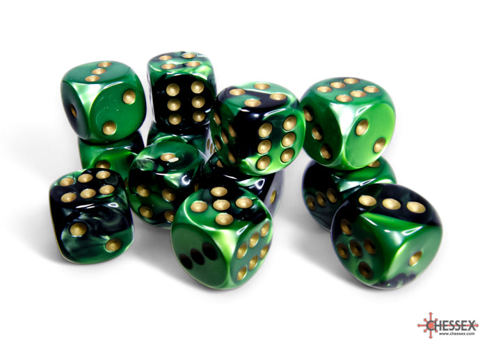 Gemini Black-Green/gold 16mm d6 Dice Block (12 dice) (Chessex) (26639)