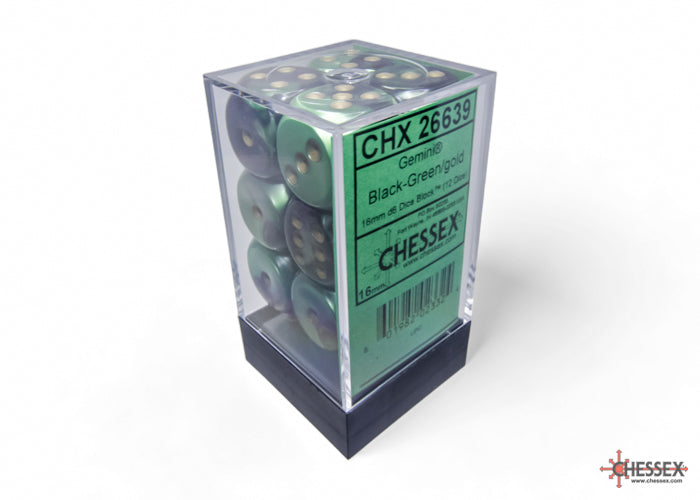 Gemini Black-Green/gold 16mm d6 Dice Block (12 dice) (Chessex) (26639)