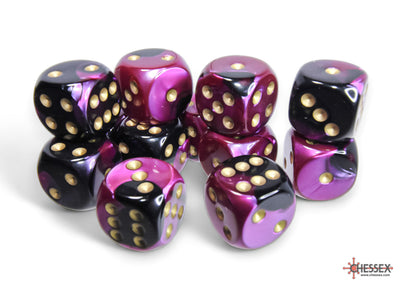 Gemini Black-Purple/gold 16mm d6 Dice Block (12 dice) (Chessex) (26640)