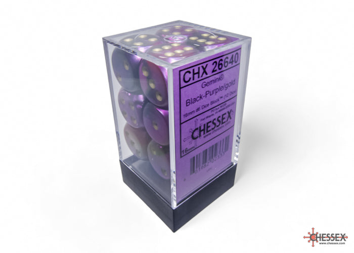 Gemini Black-Purple/gold 16mm d6 Dice Block (12 dice) (Chessex) (26640)