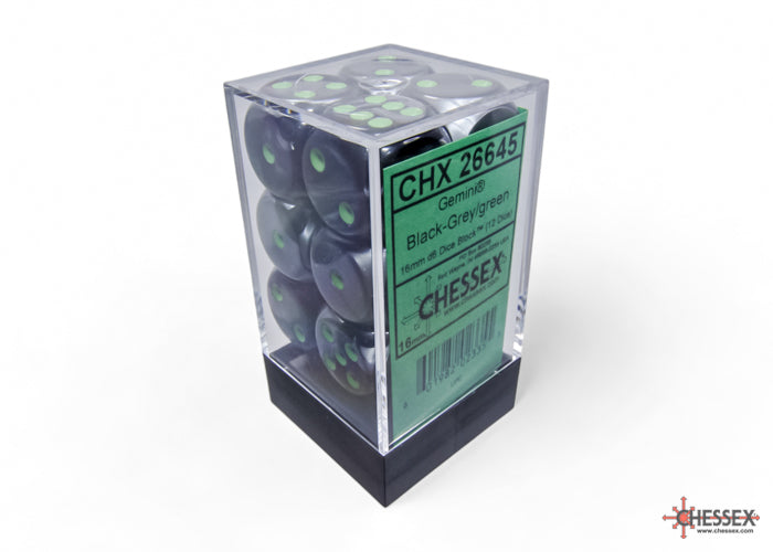 Gemini Black-Grey/green 16mm d6 Dice Block (12 dice) (Chessex) (26645)