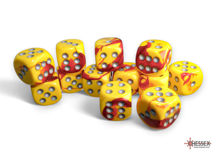 Gemini Red-Yellow/silver 16mm d6 Dice Block (12 dice) (Chessex) (26650)