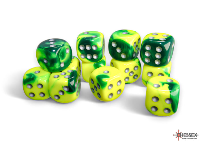 Gemini Green-Yellow/silver 16mm d6 Dice Block (12 dice) (Chessex) (26654)