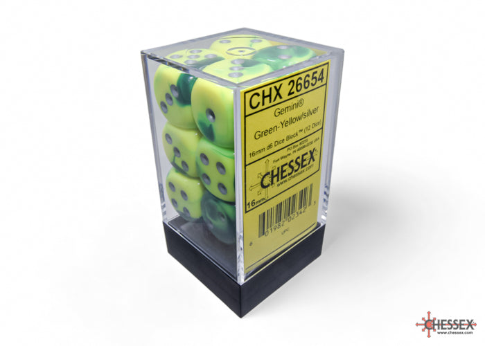 Gemini Green-Yellow/silver 16mm d6 Dice Block (12 dice) (Chessex) (26654)