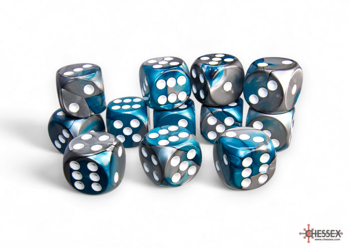 Gemini Steel-Teal/white 16mm d6 Dice Block (12 dice) (Chessex) (26656)