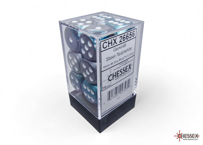 Gemini Steel-Teal/white 16mm d6 Dice Block (12 dice) (Chessex) (26656)