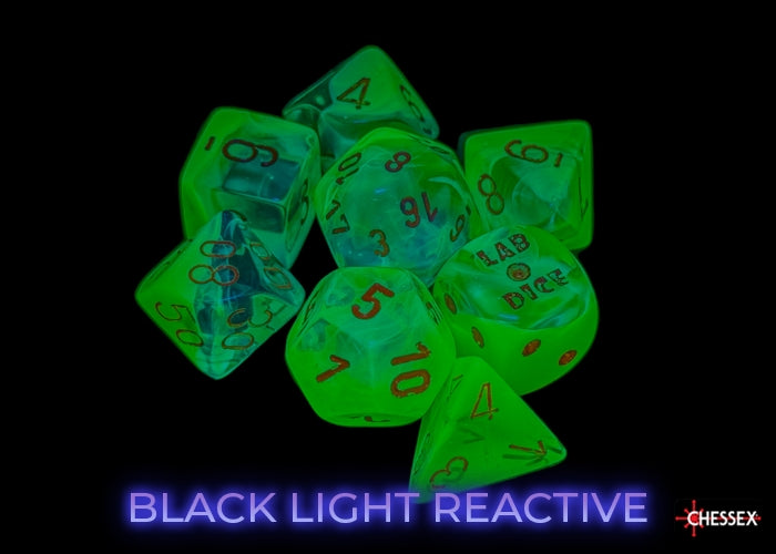 Gemini Plasma Green-Teal/orange Luminary Polyhedral 7-Dice Set (Chessex) (26470)