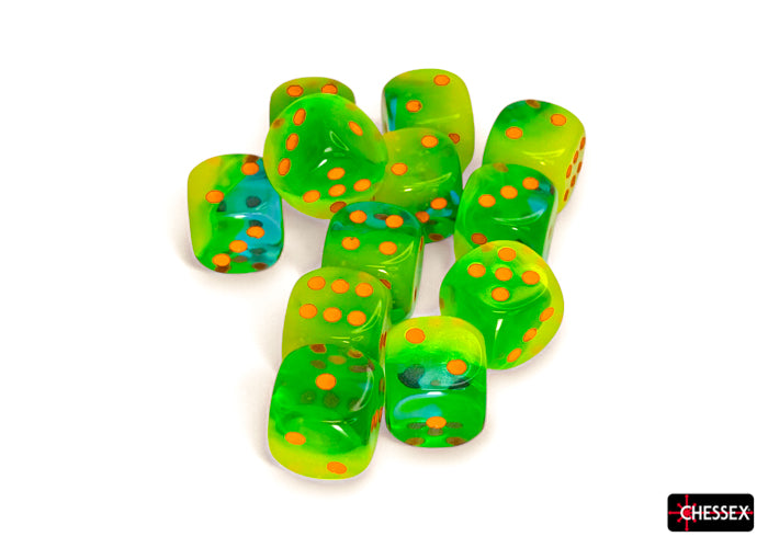 Gemini Plasma Green-Teal/orange Luminary 16mm d6 Dice Block (12 dice) (Chessex) (26670)