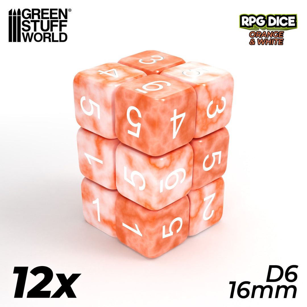 12x D6 16mm Dice - Orange White Marble (Green Stuff World)