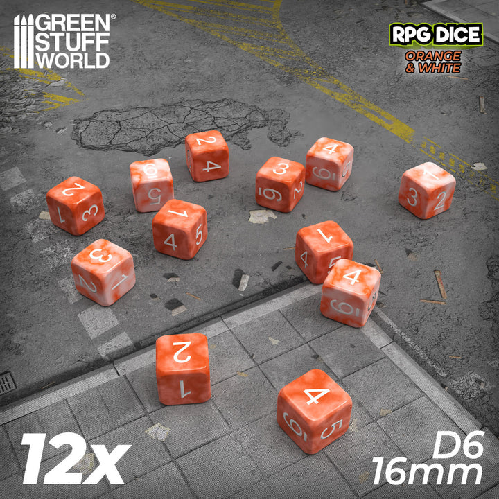 12x D6 16mm Dice - Orange White Marble (Green Stuff World)